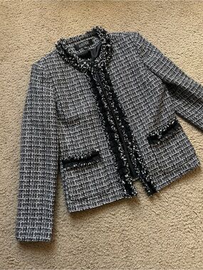 Kasper Black & White Tweed Fringed Collar Jacket